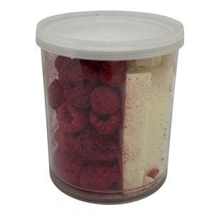 Freeze dried (lyophilized) vanilla ice cream with raspberries