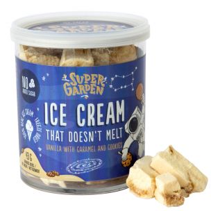 Freeze dried (lyophilized) ice cream with caramel and cookies