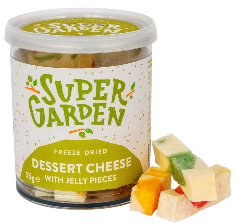 Freeze dried (lyophilized) cheese dessert with jelly pieces