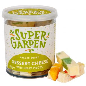 Freeze dried (lyophilized) cheese dessert with jelly pieces